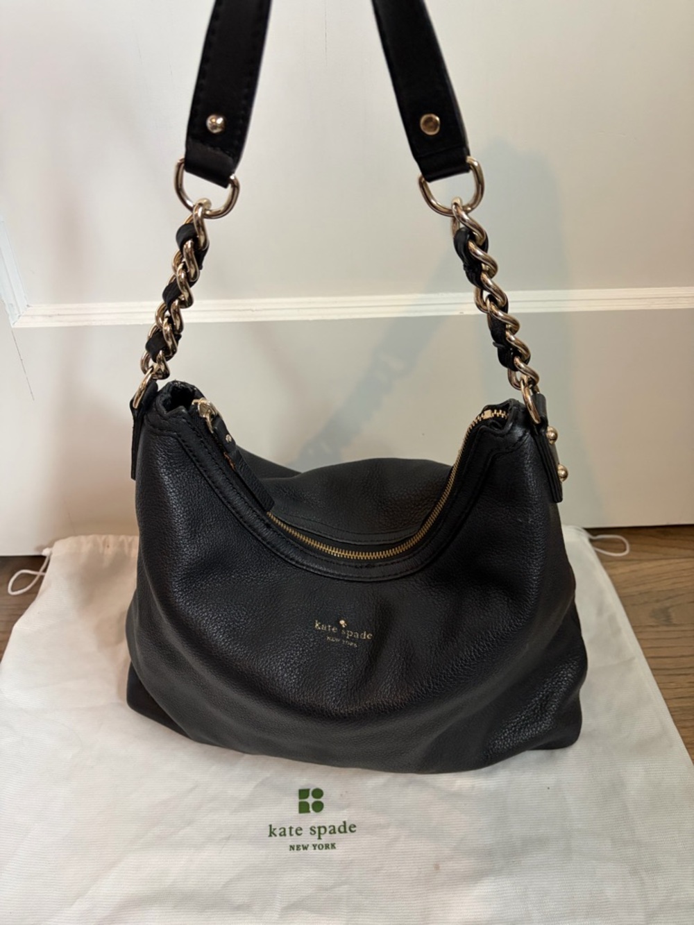 kate spade Black Leather Hobo Shoulder Bag with Gold Chain Strap